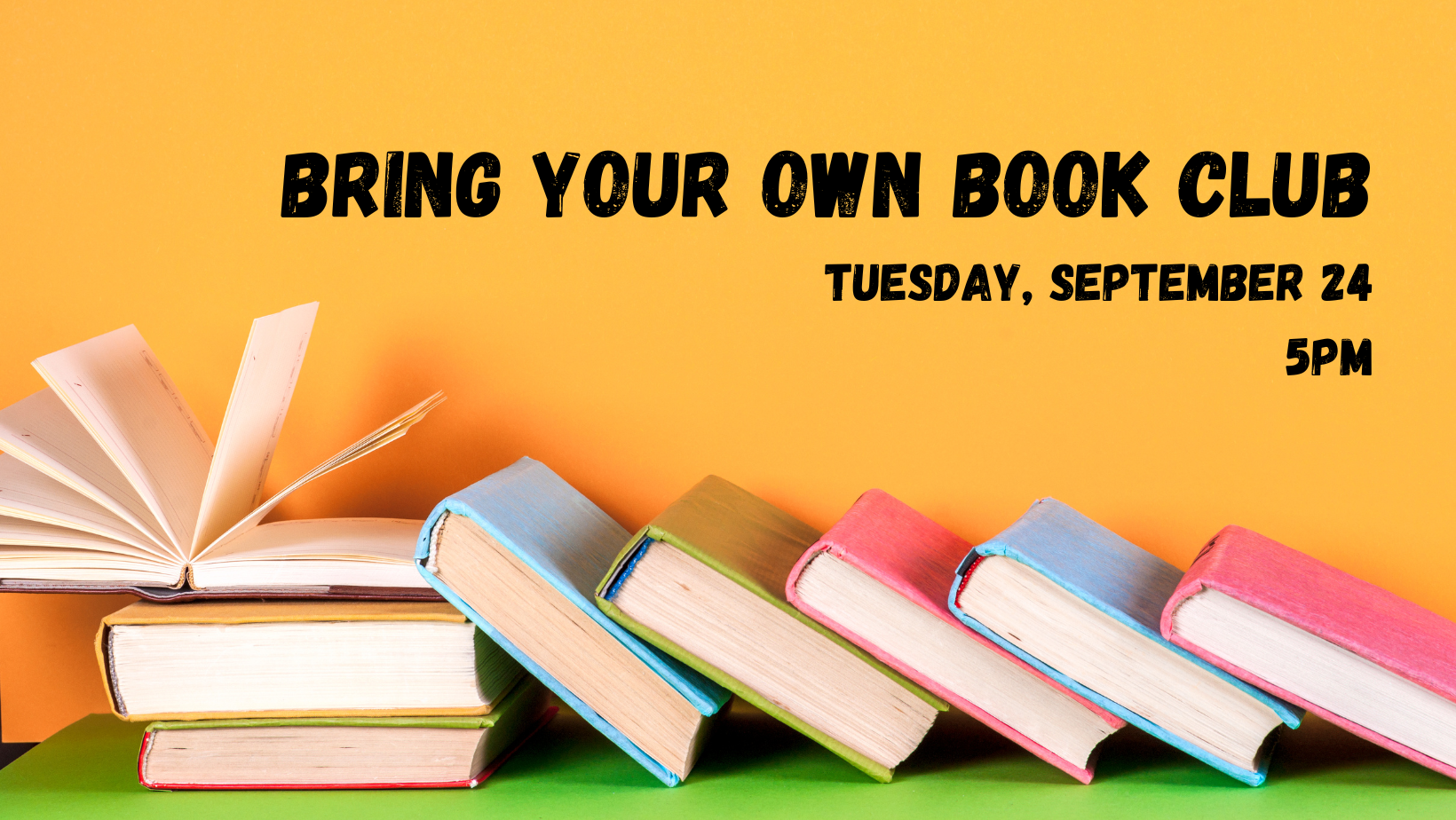 bring your own book club on yellow background with stack of books