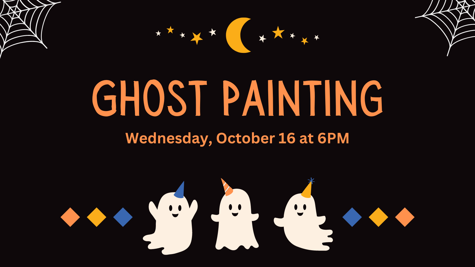 Ghost Painting text on black background featuring cartoon ghosts, spider webs, and a crescent moon