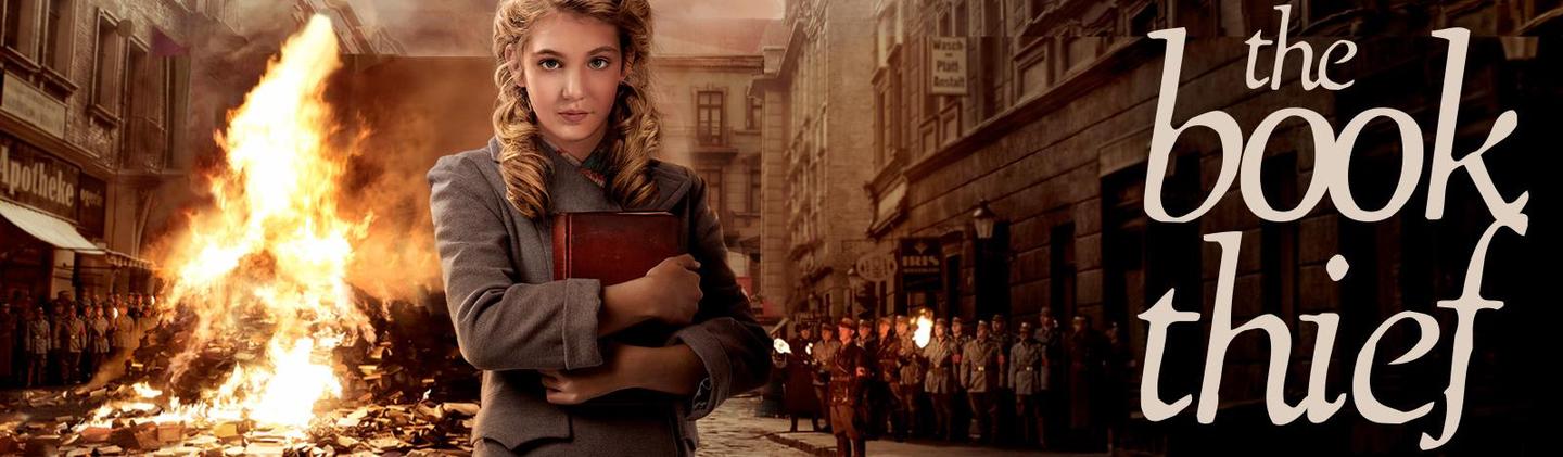 Book Thief from movie, showing Leisel and fire in background