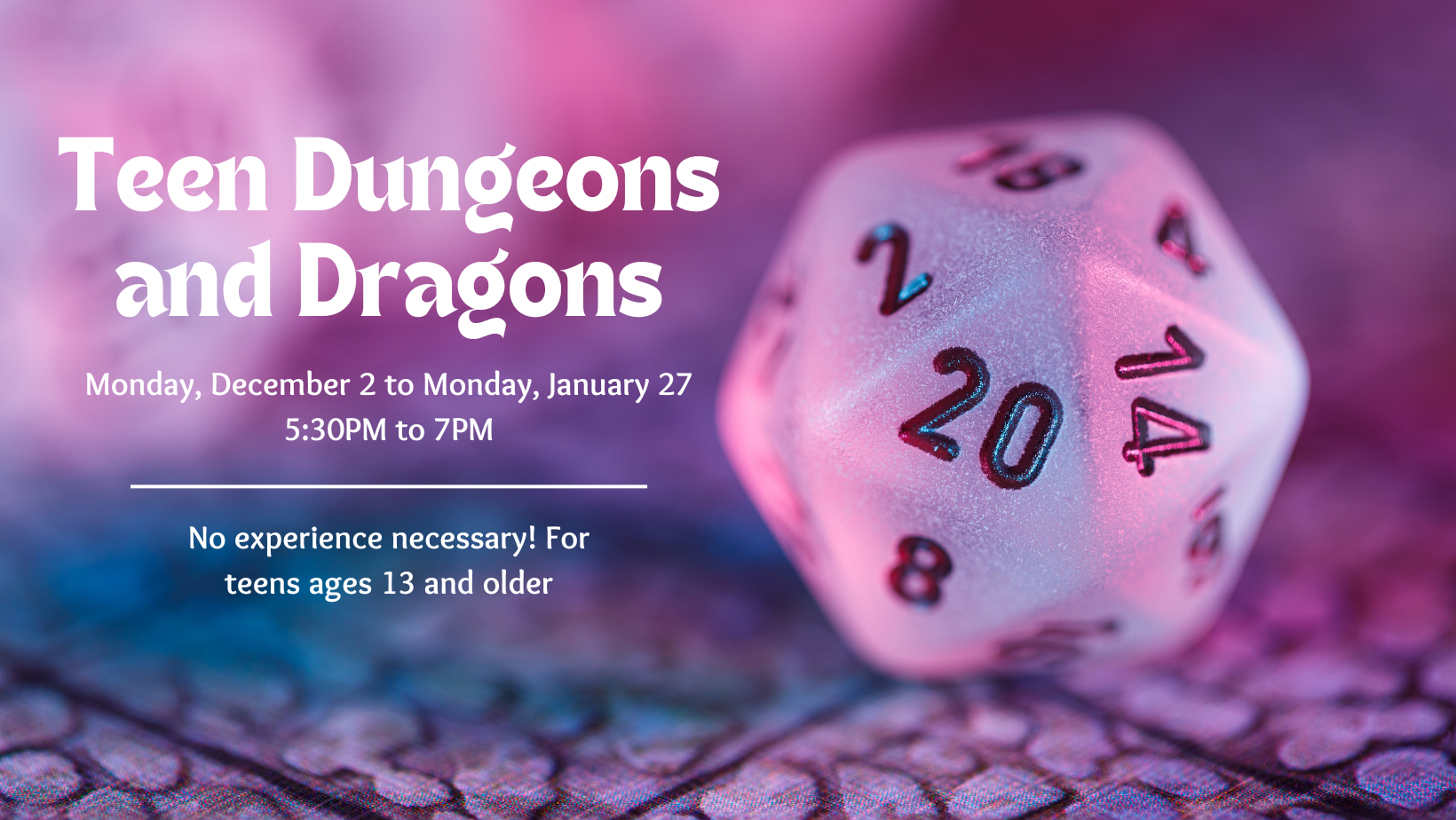 Teen Dungeons and Dragons banner featuring purple background and 20 sided die