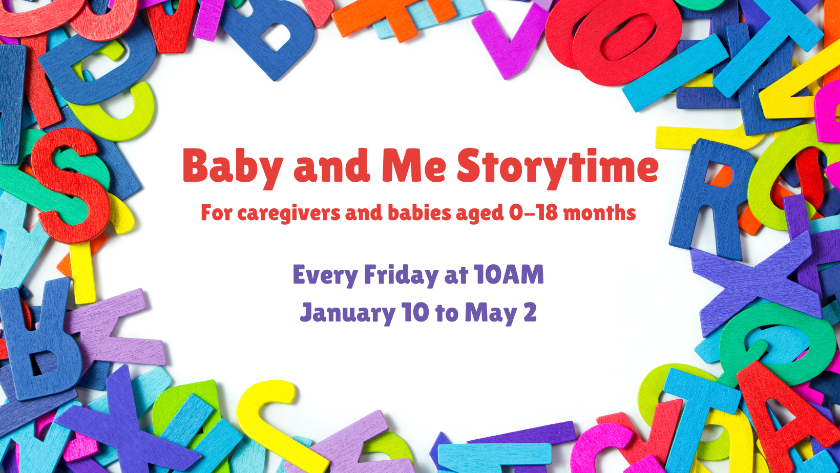 Baby and Me Storytime on background with colorful letters