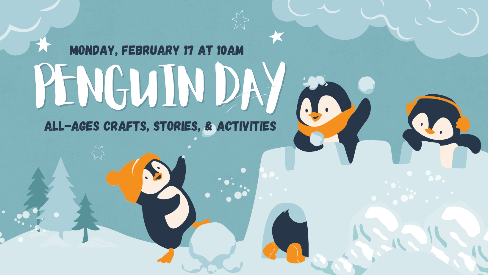 Penguin Day banner featuring cartoon penguins having a snowball fight