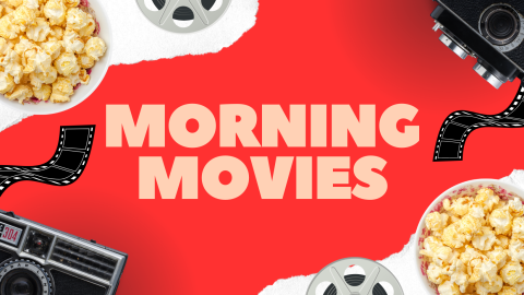 fall morning movies on a red banner