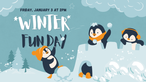 Winter Fun Day featuring cartoon penguins having a snowball fight in a fort