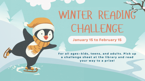 Winter Reading Challenge banner featuring ice skating penguin