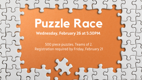 Puzzle race on orange background bordered by white puzzle pieces