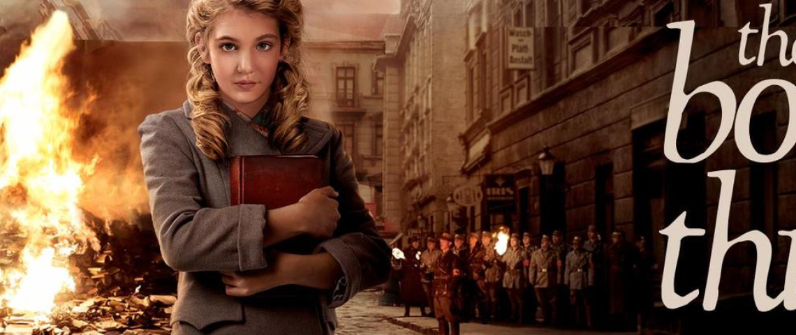 Book Thief from movie, showing Leisel and fire in background