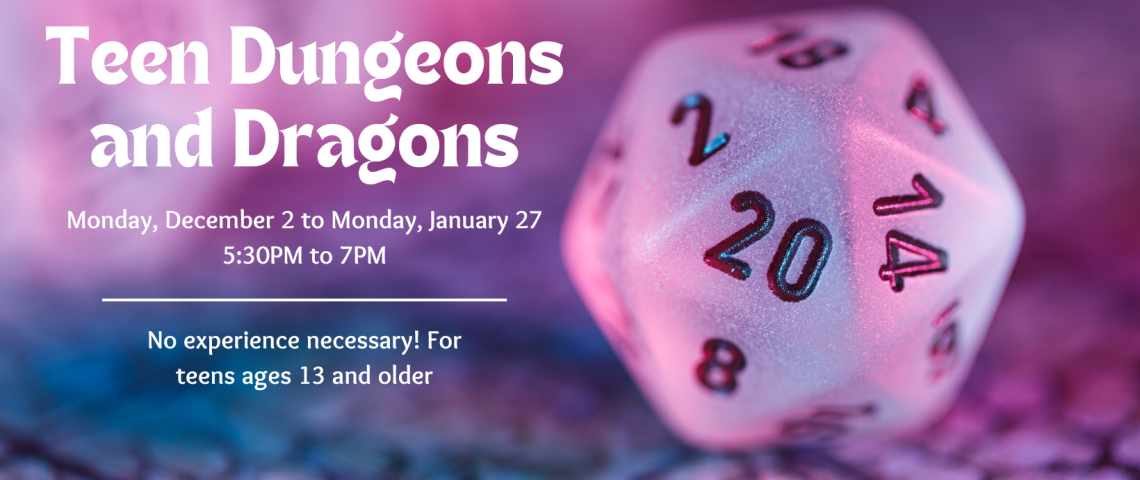 Teen Dungeons and Dragons banner featuring purple background and 20 sided die