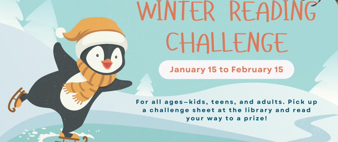 Winter Reading Challenge banner featuring ice skating penguin