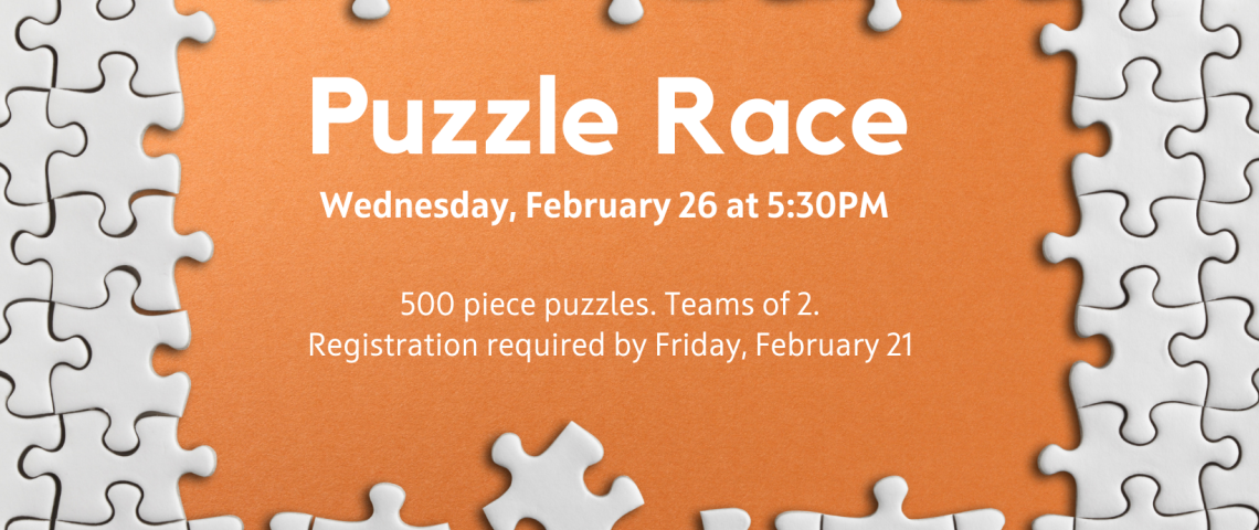 Puzzle race on orange background bordered by white puzzle pieces